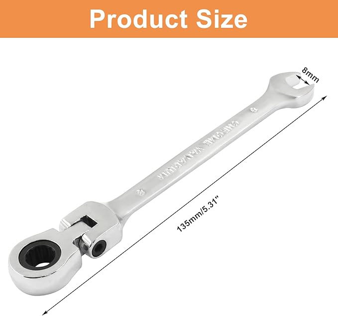 Piutouyar 8mm Flex-Head Ratcheting Wrench, Professional Metric Ratchet Wrench Combination Wrench Box Ended Spanner Tool for Projects Repair(5° Movement and 72 Teeth 12 Point, CR-V)