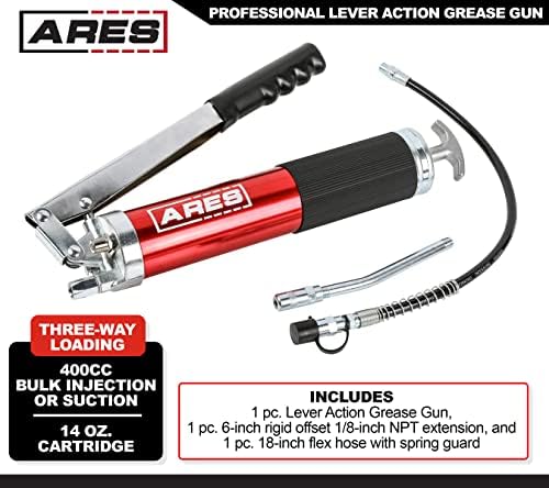 ARES 53013 – Professional Lever Action Grease Gun - 400cc Bulk and 14 Ounce Cartridge Loading - 4500 PSI Working Pressure Rating – 18-Inch Flex Hose and 6-Inch Offset Extension