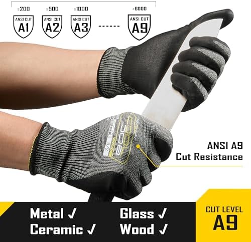 COOLJOB A9 Cut Resistant Safety Work Gloves with Grip, Touchscreen Nitrile Coated Heavy-duty for Glass Metal Sheet Handling