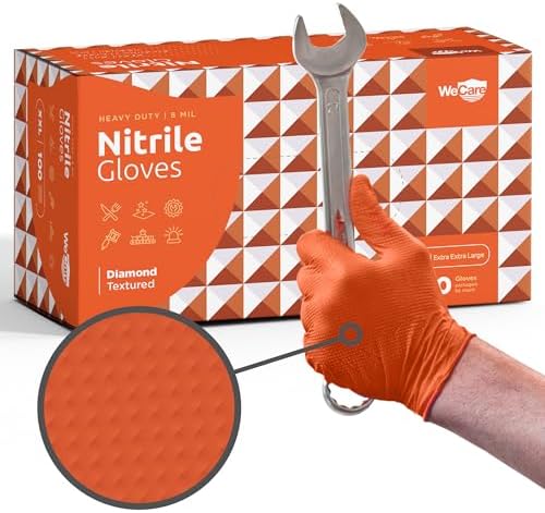 WECARE 8 Mil Nitrile Gloves - Heavy Duty Mechanic Gloves, with Diamond Grip - Powder and Latex Free Disposable Gloves