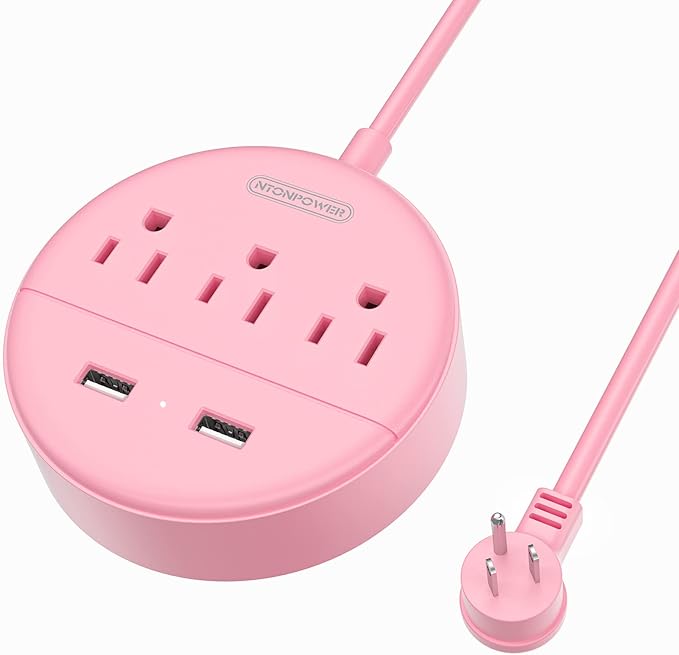 Rose Pink Power Strip with USB, NTONPOWER Flat Plug Extension Cord Nightst&Desktop Charging Station with 3 Outlet &2 USB, Wall Mount, Small Size for Dorm Room Home Office Travel, ,'5 FT Cord