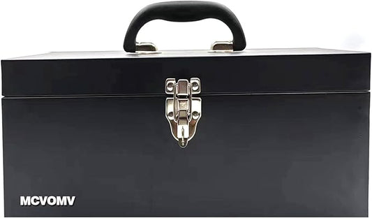 16" Portable Metal Toolbox Large Tool Box 18-Gauge Fishing Tackle Box Tool Box Drawer Organizer Steel Toolbox With Metal Latch and Handle Black