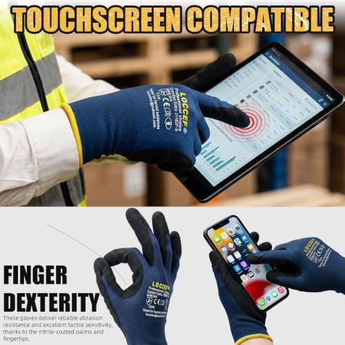 LOCCEF Nitrile Work Gloves, 18-Gauge, 3D Stretchy, Touchscreen 6 Pairs