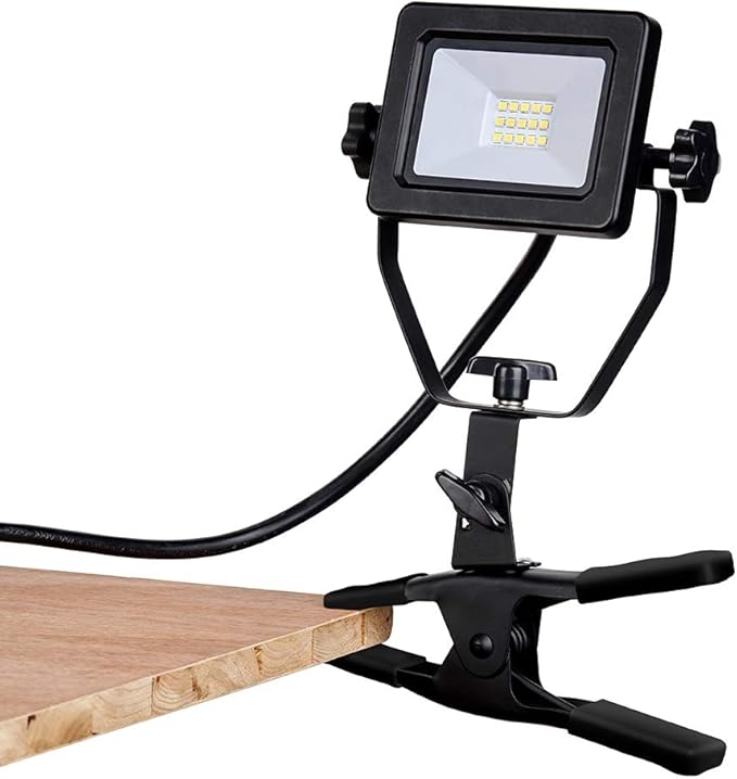 1200 Lumens Portable LED Clamp Work Light with 5ft 120V AC/60Hz Power Plug, Lightweight Design, Suitable for wet location, 10 Watts, 5000K Daylight, ETL Certified