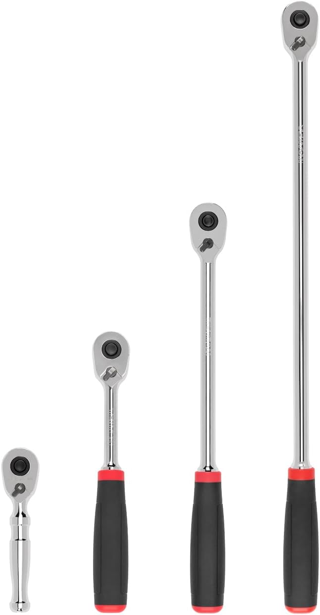 TEKTON 3/8 Inch Drive Quick-Release Comfort Grip Ratchet Set, 4-Piece (4-1/2, 8, 12, 18 in.) | SRH91107