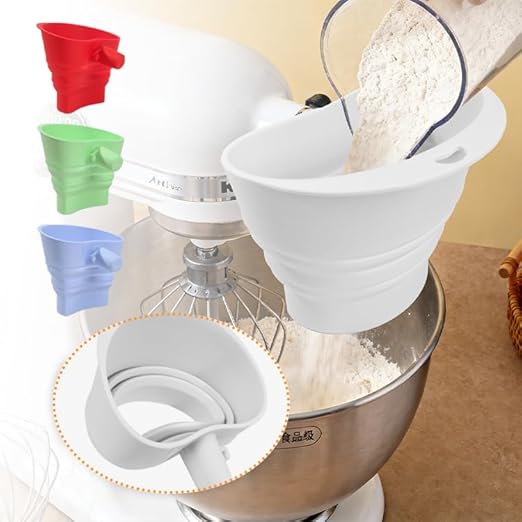 Flour Funnel for Kitchen Aid&Cream Scraper Set, Silicone Food-Grade | Stand Mixer | Leak-Proof Large Capacity Collapsible Design (red, Extended * 1 + Cream Scraper Set)