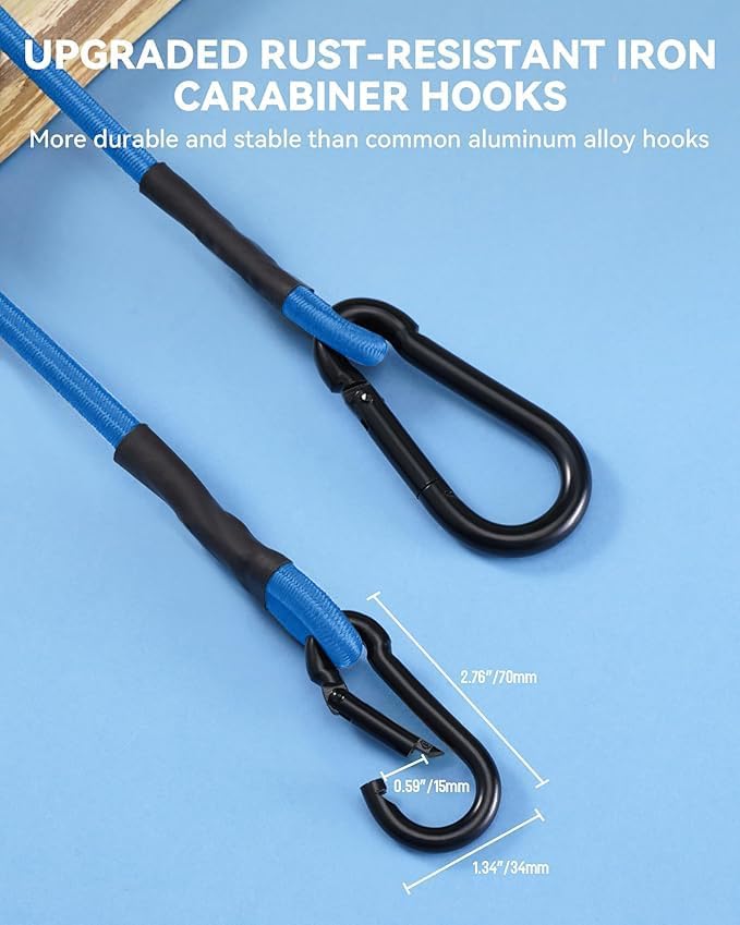 8 Pack 24 Inch Heavy Duty Bungee Cords with Carabiner Hooks, 190 lbs Max Strength Bungee Straps for Cargo, Bike, Cart, Roof Rack, Truck, Tent, Camping, Motorcycle, Outdoor Storage and More, Blue