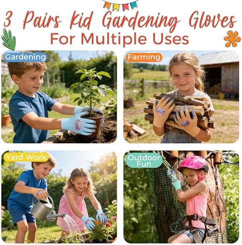 HANDLANDY 3 Pairs Kids Gardening Gloves, Grippy Kids Work Gloves, S