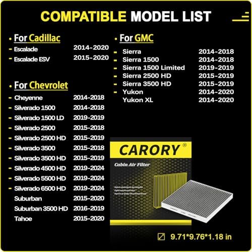 CARORY Cabin Air Filter w/Activated Carbon for Chevy Silverado 1500 2014-2018, Tahoe 2015-2020, Suburban 2015-2020, GMC Sierra 1500 2014-2018, Yukon 2014-2020, Yukon XL 2014-2020, CF809