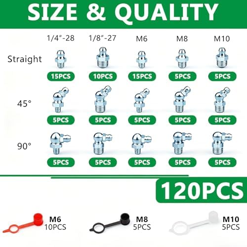 120PCS Grease Fittings Assortment, SAE & Metric Zerk Grease Fitting Straight 45 90 Degree (1/4"-28,1/8"-27,M6,M8,M10) with Plastic Caps for Grease Gun