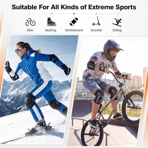 Adult & Kids Knee Pads Elbow Pads Wrist Guards 6 in 1 Protective Gear Set for Skateboarding Roller Skating Cycling Scooter BMX Outdoor Sports Black