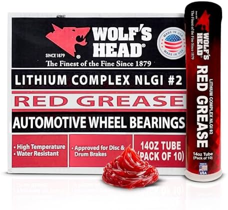 Wolf’s Head Red Grease NLGI #2 (836-88301-91) Premium Tacky Red Grease for Long-Lasting Lubrication, High Temp Protection & Heavy Duty Wheel Bearing/Chassis Use – Made in USA – 14 oz Tube, Pack of 10