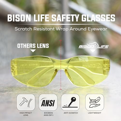 BISON LIFE Yellow Safety Glasses for Men & Women, Bulk, ANSI Z87.1, 6 Pack
