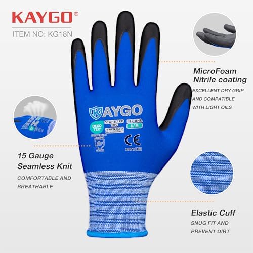 KAYGO Safety Work Gloves, MicroFoam Nitrile Coated, Men Women,KG18N