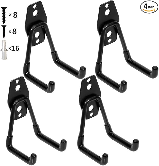 Garage Utility Double Hooks,Heavy Duty Steel Wall Mount Storage Organizer with Anti-Slip Coating,Load Capacity 66 LB (4 Pack Black 3" U Hook)