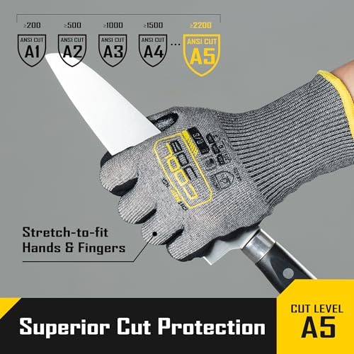 COOLJOB ANSI A5 Cut Resistant Gloves 12 Pairs, Nitrile Rubber Dipped Safety Work Gloves for Men, Knife Proof with Grip Coating for Construction Warehouse Glass Wood Work, Grey Medium