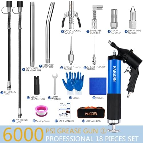 Pneumatic Grease Gun Kit 6000 PSI Heavy Duty 14 OZ Pistol Grip Grease Guns with 19" & 28" Spring Flex Hose,Quick Release Coupler,90 Degree Adapter,2 Needle Tips,2 Nozzles,2 Extension Tubes