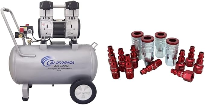California Air Tools 15020C Ultra Quiet & Oil-Free 2.0 Hp 15.0 gallon Steel Tank Air Compressor and Milton S-314MKIT ColorFit Coupler & Plug Kit - (M-Style, Red) - 1/4" NPT, (14-Piece)