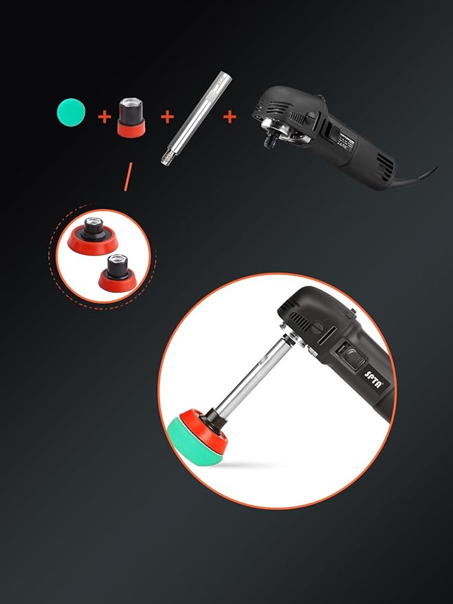 SPTA Mini Polishing Machine Buffer Rotary Polisher Auto Detailing Superpolish with 27Pcs Detail Polishing Pad Mix Size Kit Buffing Pad and 75mm ,100mm,140mm M14 Thread Extension shaft