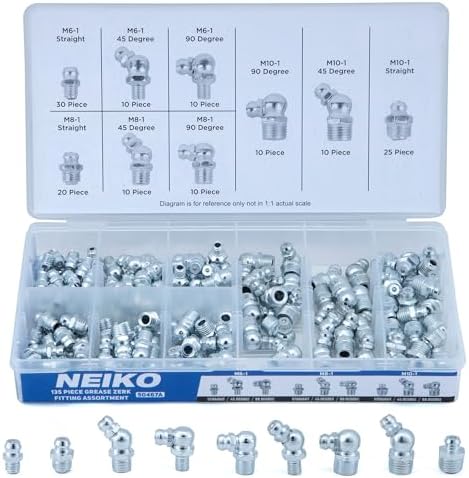 NEIKO 50467A Grease Fitting Assortment, 135 Piece, Metric, Straight & Angled Zerk Grease Fittings Kit, Zinc Plated A3 Steel, Angled Grease Guns, Mechanical Component Lubrication, M6-1, M8-1 & M10-1.5