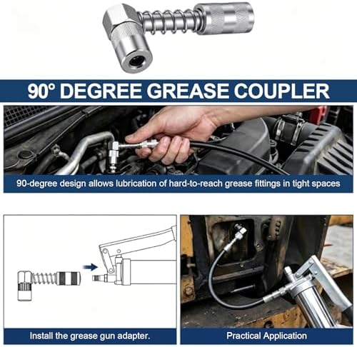 Grease Gun Tips, Grease Gun Coupler, Grease Gun Hose, 90 Degree Grease Gun Couple ＆ Slotted Right Angle 90 Degree Grease Coupler Combo, Zerk Fitting Cleaner, Straight And Bent Grease Needle Nozzles