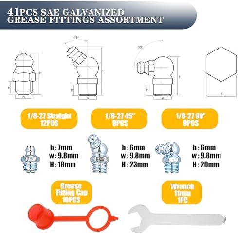1/8"-27 SAE Grease Fittings - 41PCS Zerk Fittings Kit with Caps and Wrench Straight 45 90 Degree Angled Grease Nipples