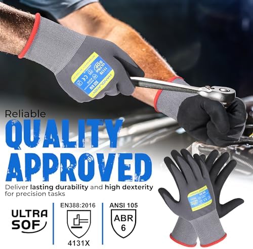 HANDLANDY 6 Pairs Safety Work Gloves with MicroFoam Nitrile Coated - Breathable Nylon Gloves with Grip for Men & Women