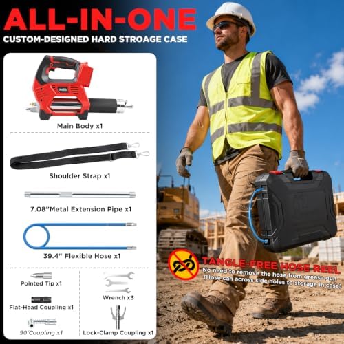 Cordless Grease Gun Compatible with Milwaukee 18V Battery, 12000PSI High-Pressure, One-Hand Operation in-Line Grip, 39.4" Hose & 4 Couplers, Electric Grease Gun with LED (Tool Only)