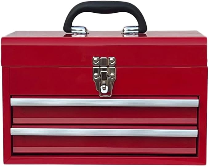 Workington Portable Metal Tool Chest with 2 Drawers, 14" 2-Drawer Tool Chest Cabinet with Ball Bearing Drawer Slides, Steel Tool Storage Box Organizer 4202 Red