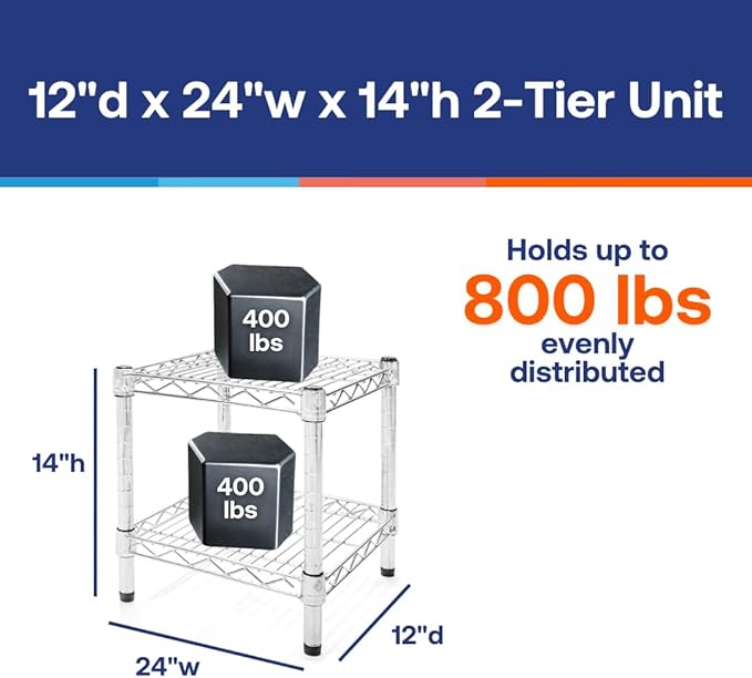 Shelving Inc. 12" d x 24" w Chrome Wire Shelving with 2 Tier Shelves, Weight Capacity 800lbs Per Shelf