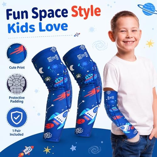 AceList Space Elbow Pads for Kids, Youth Volleyball Arm Sleeves for Boys Girls, Protective Compression Gear for Basketball Football Wrestling, Anti-Slip Stay-Up Protective Gear, 1 Pair (Size L)