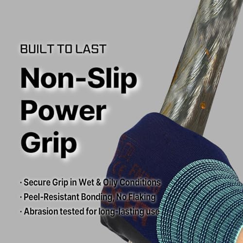 DEX FIT Premium Nylon Work Gloves FN320 - Firm Nitrile Grip, 3D-Comfort Stretchy Fit, Thin & Lightweight, Protective & Durable, Breathable, Machine Washable; Navy 9 (L) 12 Pairs