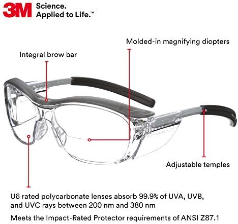 3M Safety Glasses with Readers, +2.0 Diopter, Clear Lens, Gray Frame