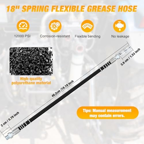GOOACC Grease Gun Accessory Kit, 18 Inch Spring Flex Hose, 1PCS Normal Grease Gun Tips Coupler, 12000 PSI 1/8" NPT Threads Compatible with Standard Grease Fittings for Automotive Ship Machinery Farm