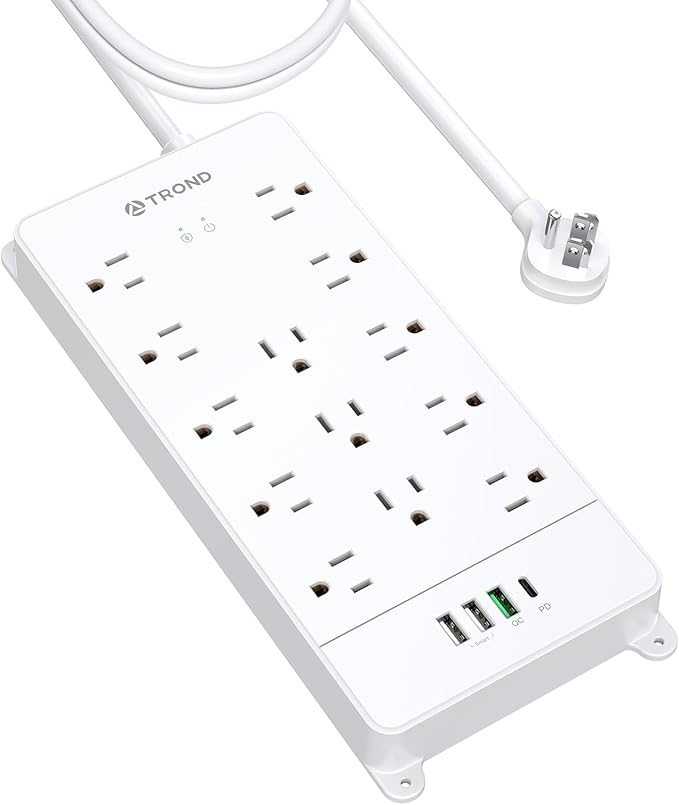 TROND Surge Protector Power Strip 10 ft, Flat Plug Long Extension Cord, 13 Wide Spaced Outlets, 4000 Joules, 32W Quick Charge 3.0 & USB C, Wall Mount, Under Desk, Heavy Duty, ETL Listed, White