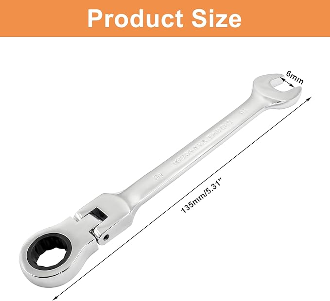 Piutouyar 6mm Flex-Head Ratcheting Wrench, Professional Metric Ratchet Wrench Combination Wrench Box Ended Spanner Tool for Projects Repair(5° Movement and 72 Teeth 12 Point, CR-V)