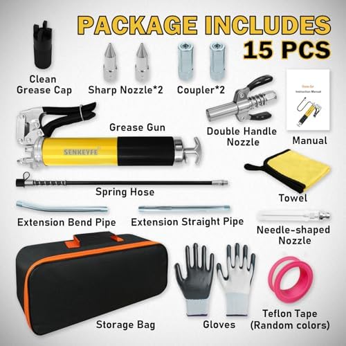 14oz Capacity Versatile Grease Gun Kit,7000 PSI Leak-Proof Spray Grease Gun,18" Spring Hose,Double Handle Nozzle,Coupler,Teflon Tape and Other Accessories,Auto,Marine,Industry,15 Pcs Yellow