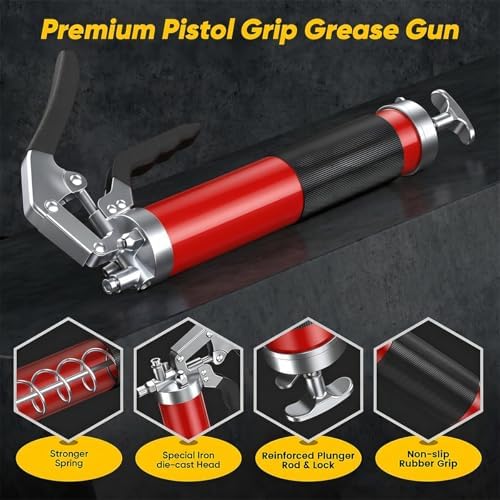Car Grease Gun, 6000PSI Heavy-Duty Vehicle Pistol Grip Grease Gun Tool Kit, Greasing Kit with 12" Flex Reinforced Hose & Basic Couplers Extension Rigid Pipe, Universal Fit (Red)