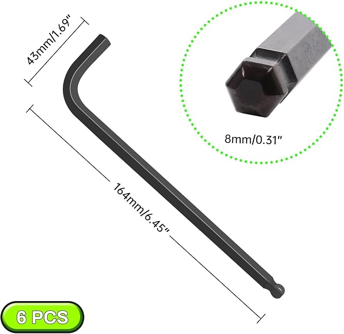 8mm Ball End Hex Key Set, 6pcs L-Shaped Allen Wrenches Long Arm, CR-V Steel, Black Oxide Finish, High Torque Repairing Tool for Furniture, Bike, Equipment Maintenance