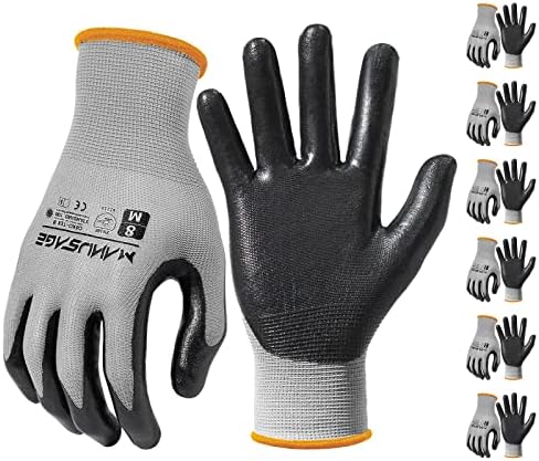 MANUSAGE Safety Work Gloves Nitrile For Men and Women, with Touchscreen Fingers, Men's Work Gloves with Grip, Mechanics Gloves (Size-M, Grey, 6 Pairs)