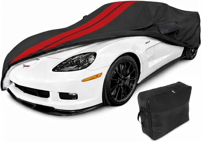 SR1 Performance USA C6 Corvette Car Cover Custom Fit Outdoor/Indoor UV Rain Protection - Ultraguard Plus 300 Denier High End for 2005-2013 C6, Z06, Grand Sport, ZR1 Corvettes (Black with Red Stripes)