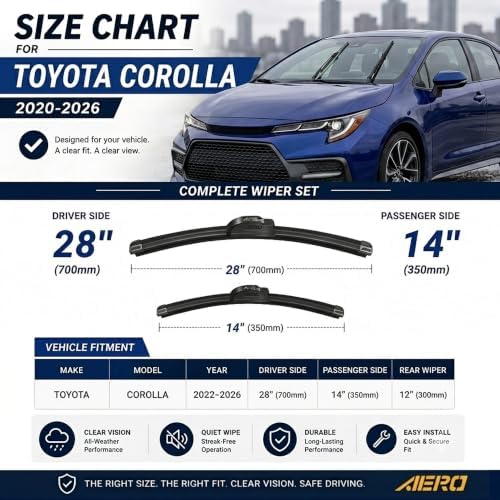 AERO Wipers OEM Replacement for Toyota Corolla 2020 2021 2022 2023 2024 2025 2026, 28”+14” Front, Windshield Wiper Blades with Extra Squeegee Refills + 1-Year Warranty (Set of 2)