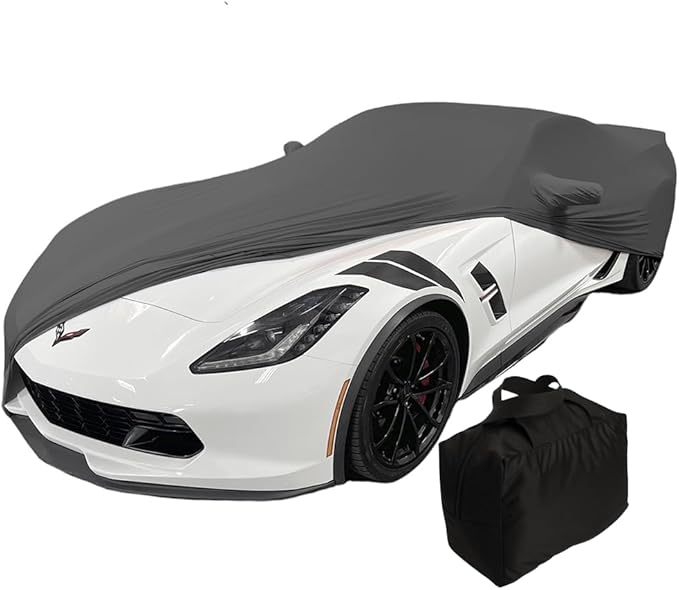 SR1 USA C7 Corvette Indoor Car Cover - Custom Fit Ultraguard Stretch Satin Dust Proof, High End with Storage Bag for 2014-2019 Stingray, Z51, Z06, Grand Sport Corvettes (Dark Gray)