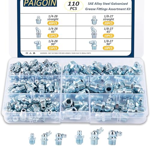 SAE Grease Fittings Kit - 110PCS NPT 1/4" 1/8" Grease Zerk Fittings Assortment with Straight 45 90 Degree Angled for Grease Gun