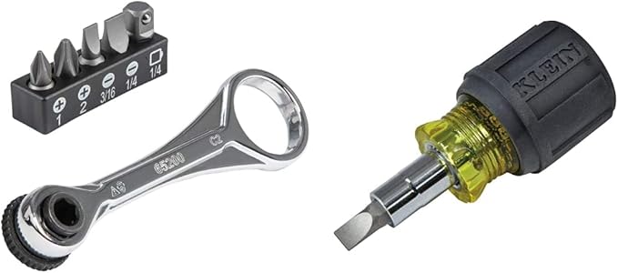 Klein Tools 65200 Ratchet Set, 5-Piece Mini Ratchet Set with Phillips, Slotted & 32561 Multi-Bit Screwdriver/Nut Driver, 6-in-1 Stubby Screwdriver with 2 Phillips, 2 Slotted Bits, 2 Nut Drivers