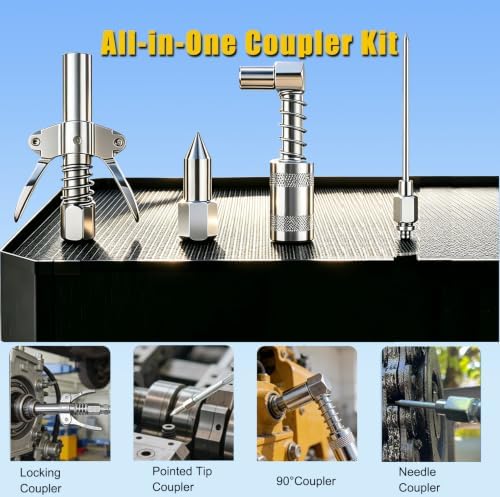 8000 PSI Grease Gun Kit: Heavy Duty Pistol Grip Grease Gun with 14oz Capacity, Quick-Release Coupler, 90°Adapter, Rigid Pipe, Flexible Hose for Automotive, Industrial, Agricultural