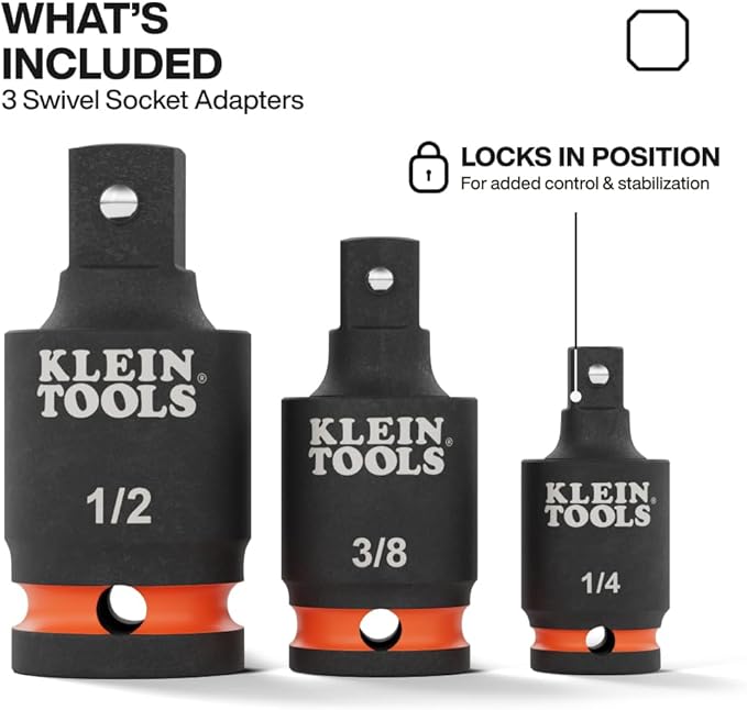 Klein Tools 65843SW Impact Wrench Swivel Socket Adapter Set, 3-Piece, 15-Degree Pivot, 1/4-Inch, 3/8-Inch,1/2-Inch Square Drive, Fixed-Position and Swivel, Impact Wrench to Socket Extensions