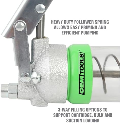 OEMTOOLS 87204 Clear Lever Action Grease Gun, Automotive Grease Gun for Heavy Machinery, 10,000 PSI Max Pressure, Suction and Cartridge Loading, Transparent Barrel