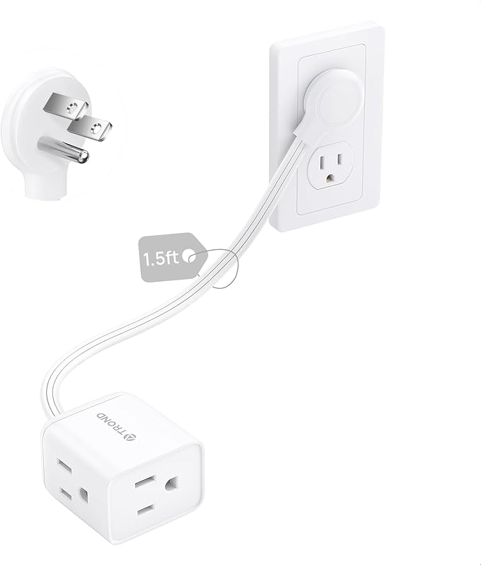 TROND Short Flat Extension Cord 1.5ft - Left Angled Flat Plug Power Strip, ETL Listed, 3 Plug Extension Outlets, Three Prong, SPT 16/3 Gauge, 13A, Small for Indoor Home Office Cruise Travel, White