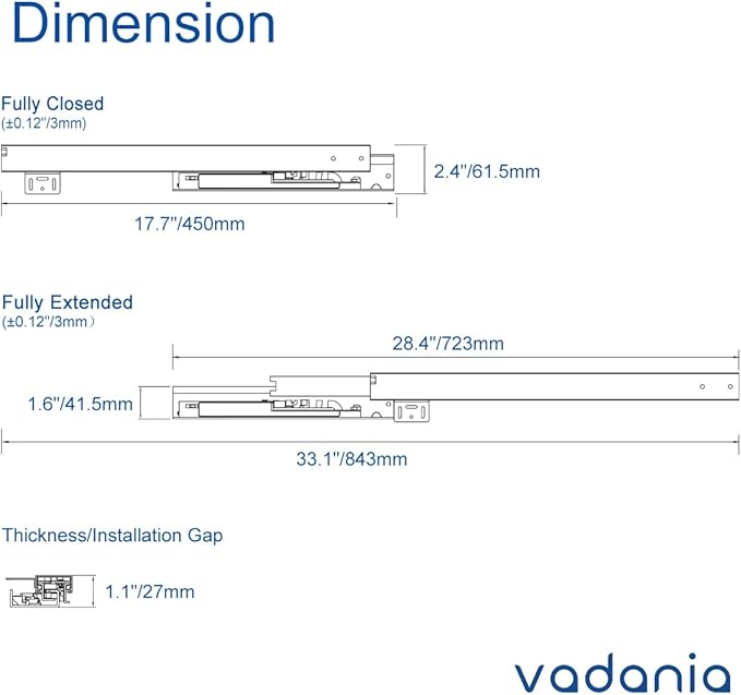 VADANIA 18" Undermount Drawer Slide, Soft Close, Bottom Mounted & Bottom Support, 88 lb Load Capacity, 3-Fold Full Extension, Invisible Drawer Slies,1 Pair(2-Pack)